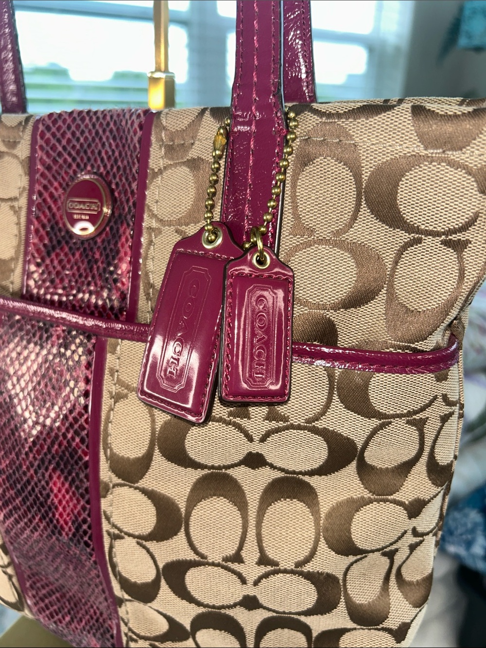 Coach Tan Signature Tote with Plum Patent Python Stripe 10.5”x 3.5”x 10.75” EUC - Picture 5 of 8